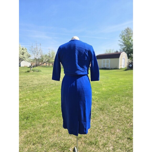 VTG 1960s Royal Blue Knit 3pc Wiggle Dress Jacket Belt Madmen Pinup Tailored - Picture 2 of 8